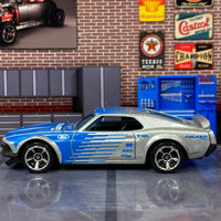 Loose Hot Wheels - 1969 Ford Mustang Boss 302 - Blue and Silver Falken Tires