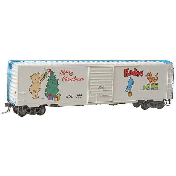 Kadee HO 6934 50' PS-1 Boxcar with 8' Door, Winnie-the-Pooh and Friends 2025 Christmas Car (blue details) — exact product view