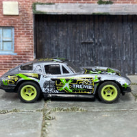 Custom Hot Wheels - Chevy Corvette Stingray - Silver, Black and Green - Green Mag Wheels - Rubber Tires