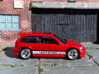 Red Honda Civic EF custom Hot Wheels, right side with white Civic graphics
