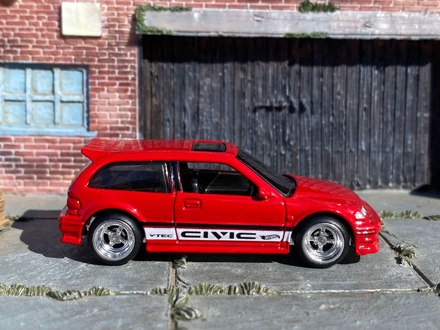 Custom Hot Wheels - Honda Civic EF - Red and White - Chrome 4 Spoke Wheels - Rubber Tires