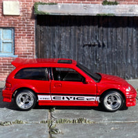 Custom Hot Wheels - Honda Civic EF - Red and White - Chrome 4 Spoke Wheels - Rubber Tires