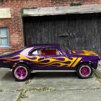 Custom Hot Wheels - 1968 Chevy Nova - Purple with Flames - Pink and Chrome 5 Spoke Wheels - Rubber Tires