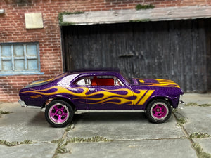 Custom Hot Wheels - 1968 Chevy Nova - Purple with Flames - Pink and Chrome 5 Spoke Wheels - Rubber Tires