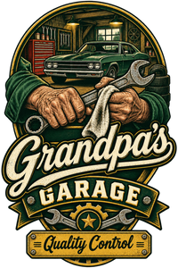 Grandpa's Garage Quality Control T-Shirt – Mechanic Gift artwork close-up