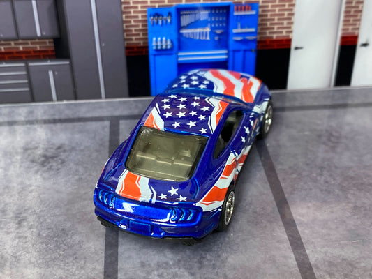 Custom Hot Wheels - 2018 Ford Mustang GT - Blue Stars and Stripes - Chrome AMR Wheels - Rubber Tires