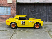 Yellow-and-red Honda S800 Racing custom Hot Wheels, front three-quarter view