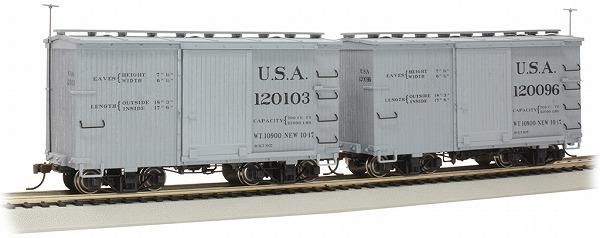 Bachmann On30 U.S.A. 120096 and 120103 18-Foot Boxcar Two-Pack - product and package view 1