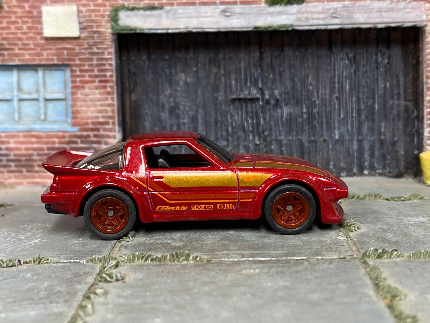 Custom Hot Wheels - Mazda RX-7 - Dark Red and Gold - Red Mag Wheels - Rubber Tires