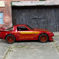 Custom Hot Wheels - Mazda RX-7 - Dark Red and Gold - Red Mag Wheels - Rubber Tires