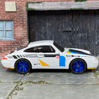 Custom Hot Wheels - 1996 Porsche Carrera - White, Yellow, Blue and Black - Blue Mag Wheels - Rubber Tires