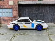 Custom Hot Wheels - 1996 Porsche Carrera - White, Yellow, Blue and Black - Blue Mag Wheels - Rubber Tires