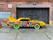 Custom Hot Wheels - 1970 Plymouth Superbird - Yellow Art Car Series - Green Mag Wheels - Rubber Tires