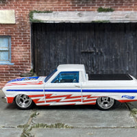 Custom Hot Wheels - 1965 Ford Ranchero - White Stars and Stripes - Chrome 4 Spoke Wheels - Rubber Tires