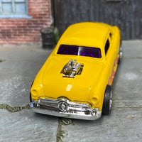 Custom Hot Wheels - Ford Shoebox - Yellow with Flames - Chrome American Racing Wheels - Rubber Tires