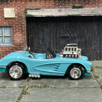 Custom Hot Wheels - 1958 Corvette - Blue - Chrome Steel Wheels - Rubber Tires