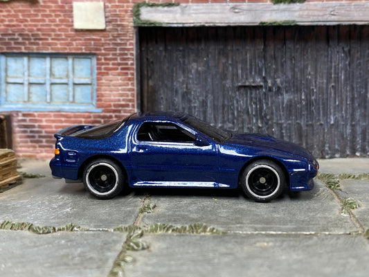 Custom Hot Wheels - 1989 Mazda Rx7 Savanna- Blue - Black and Chrome Mag Wheels - Rubber Tires