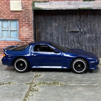 Custom Hot Wheels - 1989 Mazda Rx7 Savanna- Blue - Black and Chrome Mag Wheels - Rubber Tires