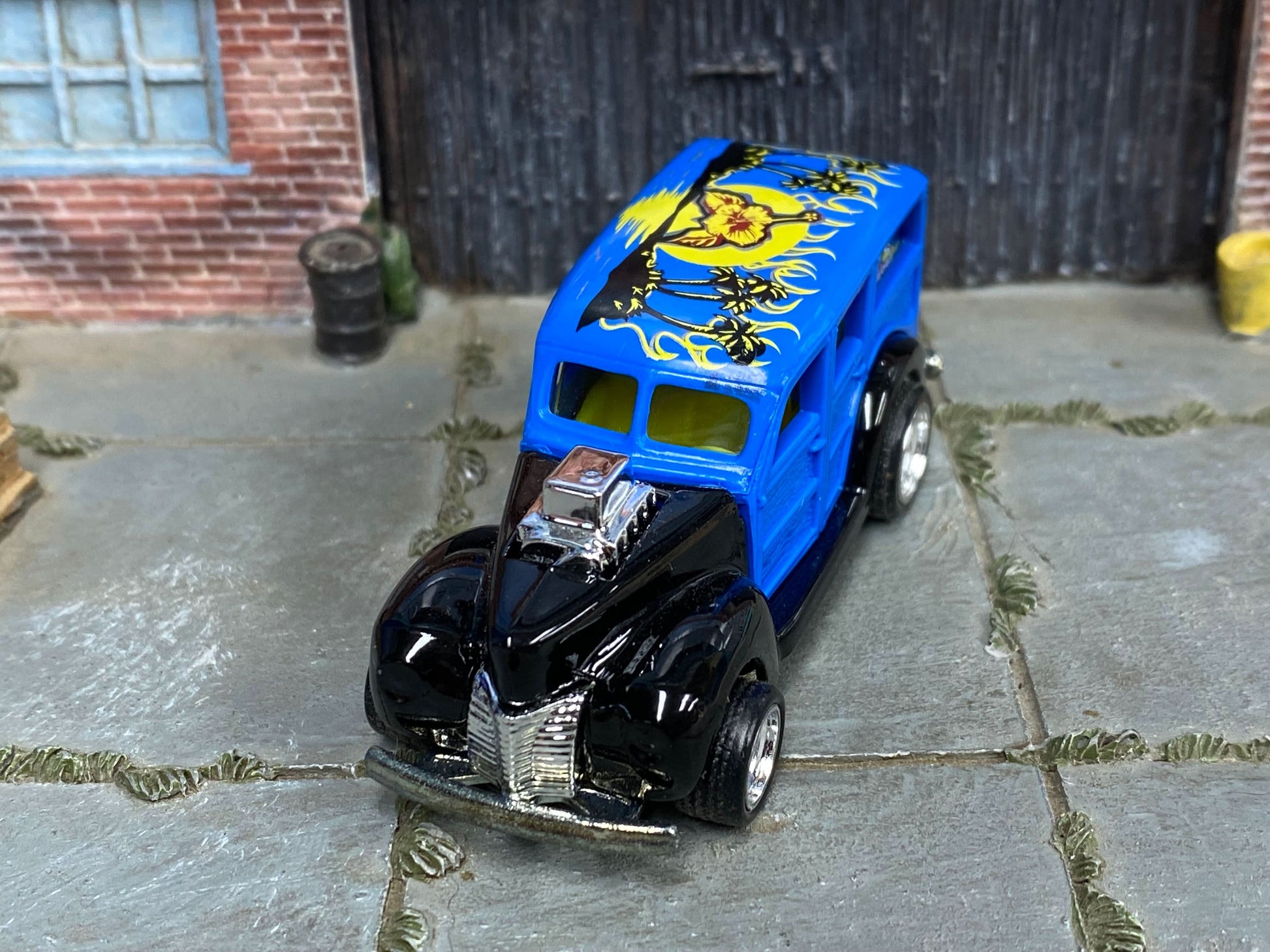 Custom Hot Wheels - 1940 Ford Woody - Black and Blue with Graphics - Chrome Steel Wheels - Rubber Tires