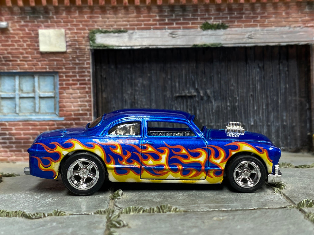Custom Hot Wheels - 1950 Ford Shoebox - Blue with Flames - Chrome AMR Wheels - Rubber Tires