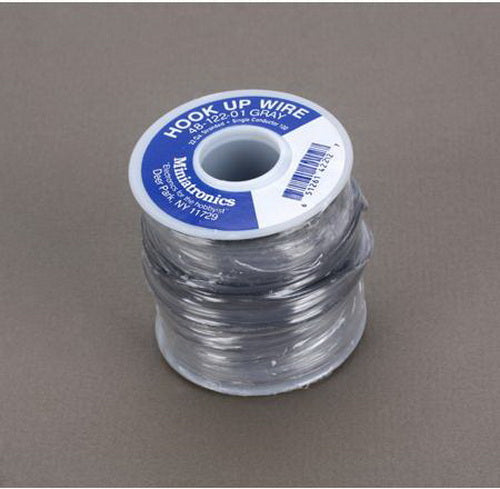 Miniatronics 48-122-01 gray 22-gauge wire on its labeled 100-foot spool.