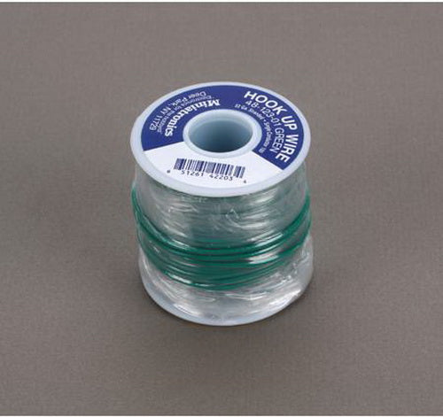 Miniatronics 48-123-01 green 22-gauge wire, 100 feet, labeled spool view.