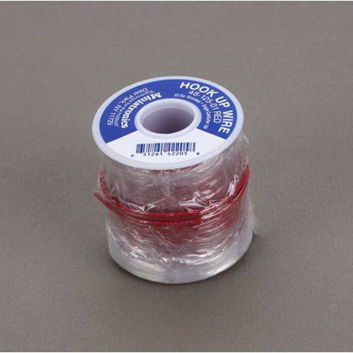 Miniatronics 48-125-01 red 22-gauge wire, 100 feet, labeled spool view.