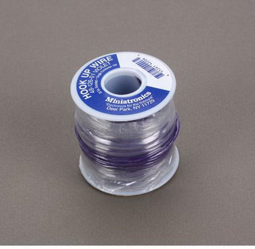 Miniatronics 48-126-01 violet 22-gauge wire, 100 feet, labeled spool view.