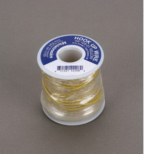 Miniatronics 48-128-01 yellow 22-gauge wire, 100 feet, labeled spool view.