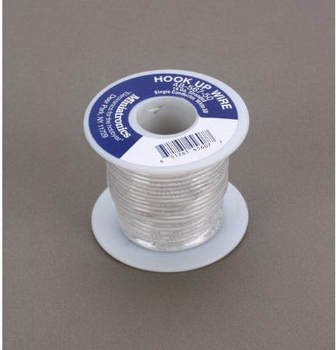 Miniatronics 48-567-50 white 16-gauge wire, 50 feet, labeled spool view.
