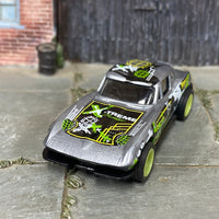 Custom Hot Wheels - Chevy Corvette Stingray - Silver, Black and Green - Green Mag Wheels - Rubber Tires