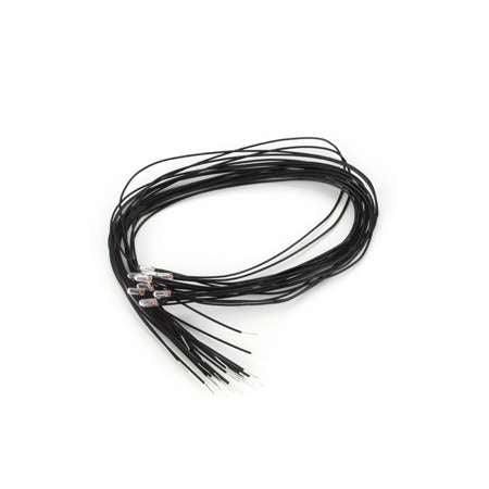 Miniatronics 18-701-10 clear 1.7 mm incandescent lamps with attached insulated wire leads.
