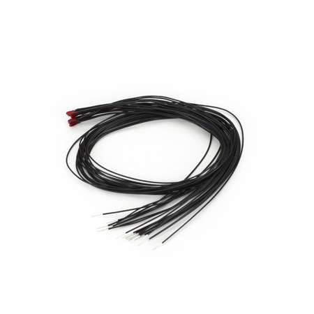 Miniatronics 18-R03-10 red 1.2 mm incandescent lamps with attached insulated wire leads.