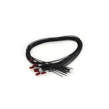 Miniatronics 18-R12-10 red 2.4 mm incandescent lamps with attached insulated wire leads.