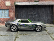 Custom Hot Wheels - 1968 Chevy Camaro COPO - ZAMAC Silver and Green with Flames - Chrome AMR Wheels - Rubber Tires