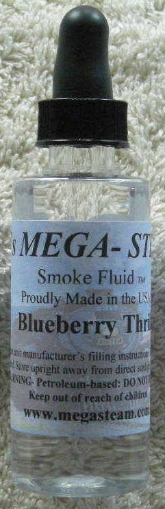 JT's Mega-Steam 143 Blueberry Thrill Smoke Fluid 2 oz actual labeled glass bottle photograph 1