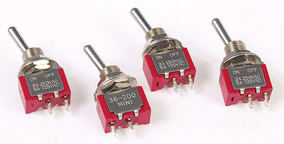 Four Miniatronics 36-200-04 SPST mini toggle switches showing threaded bushings, solder lugs and metal levers.