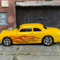 Custom Hot Wheels - Ford Shoebox - Yellow with Flames - Chrome American Racing Wheels - Rubber Tires