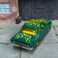 Custom Hot Wheels - 1964 Ford Fairlane Thunderbolt - Green and Yellow with Flames - Chrome Steel Wheels - Rubber Tires