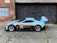 Custom Aston Martin Vantage GTE blue Gulf-style car, opposite side view
