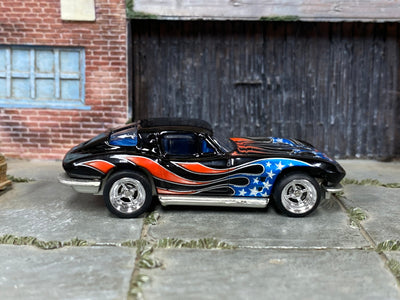 Custom Hot Wheels - Chevy Corvette Stingray - Black Stars and Stripes American Flag - Chrome Mag Wheels - Rubber Tires