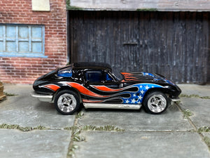 Custom Hot Wheels - Chevy Corvette Stingray - Black Stars and Stripes American Flag - Chrome Mag Wheels - Rubber Tires