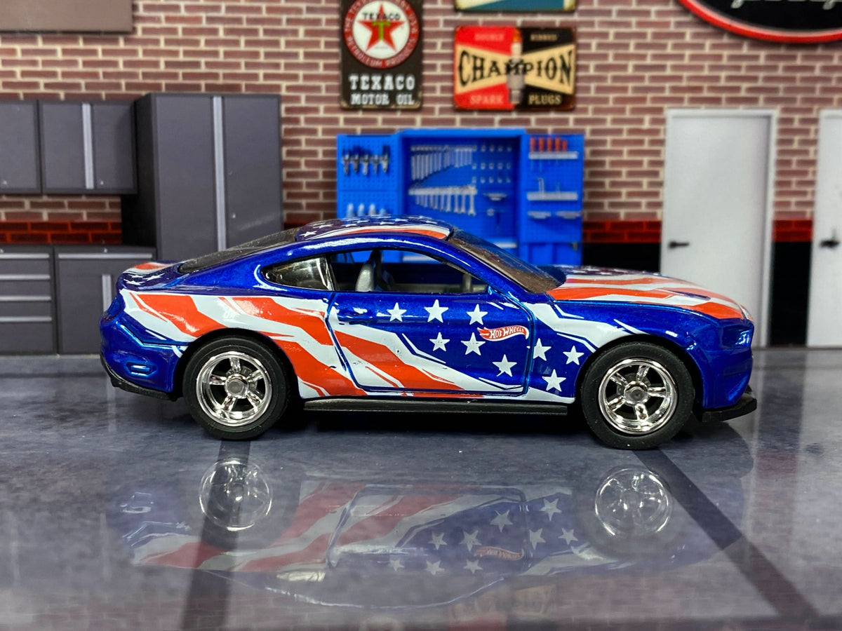 Blue Stars and Stripes 2018 Mustang GT custom Hot Wheels, left side with chrome AMR wheels
