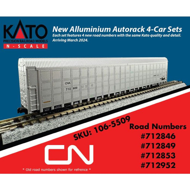 Kato N Scale Canadian National Aluminum Autorack 4 Car Set 712846, 712849, 712853, 712952 — exact product reference