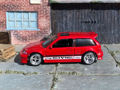 Custom Hot Wheels - Honda Civic EF - Red and White - Chrome 4 Spoke Wheels - Rubber Tires