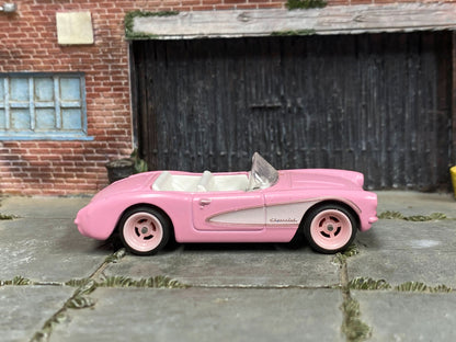 Custom Hot Wheels - 1956 Chevy Corvette - Barbie Pink and White - Pink 4 Spoke Wheels - Rubber Tires