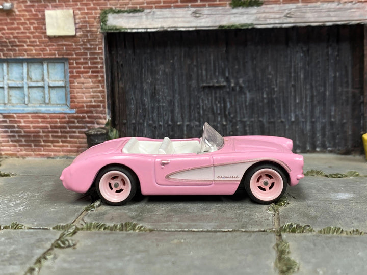 Custom Hot Wheels - 1956 Chevy Corvette - Barbie Pink and White - Pink 4 Spoke Wheels - Rubber Tires