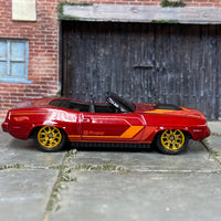 Custom Hot Wheels - Plymouth Barracuda - Red and Orange - Gold Mag Wheels - Rubber Tires
