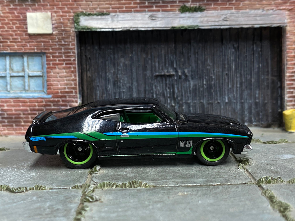 Custom Hot Wheels - 1973 Ford Falcon XB - Black, Blue and Green - Black and Green Mag Wheels - Rubber Tires