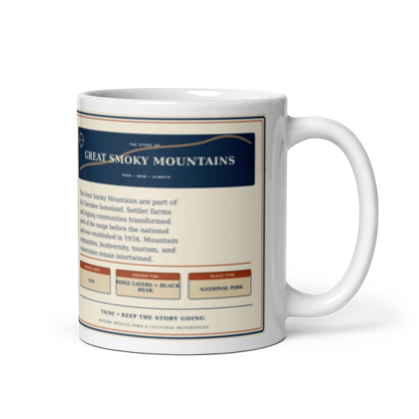 Great Smoky Mountains Map + Local Story Coffee Mug – 11 oz product mockup